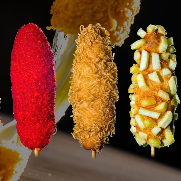 Three Korean corn dogs on sticks: one red, one covered in ramen, and one with french fries.